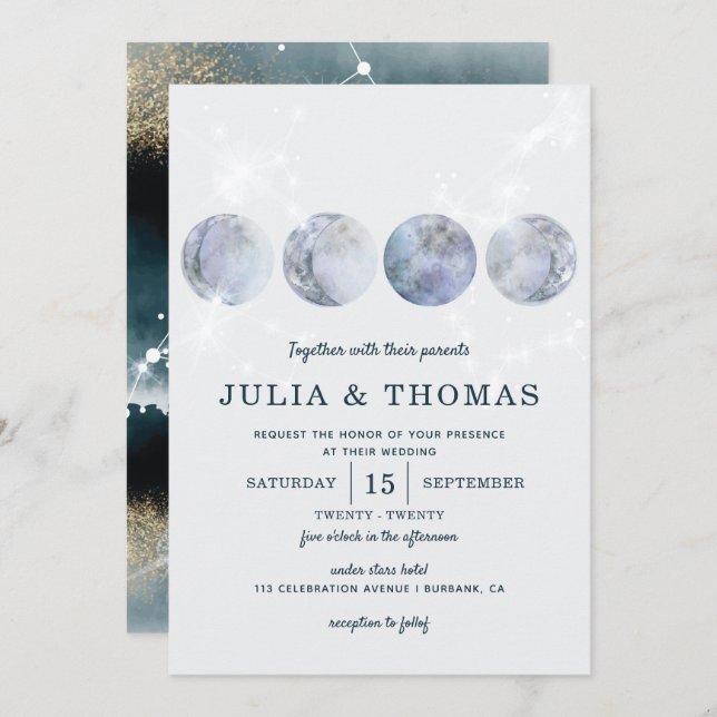 Convites Casamento de Estrelas Douradas Azuis Elegante Lua (Frente/Verso)