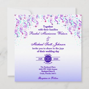 Convites Casamento de Estrelas e Streamers Rosa e Roxo