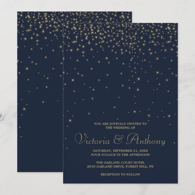Convites Casamento de Estrelas Marinhos Elegantes e Dourada (Frente/Verso)