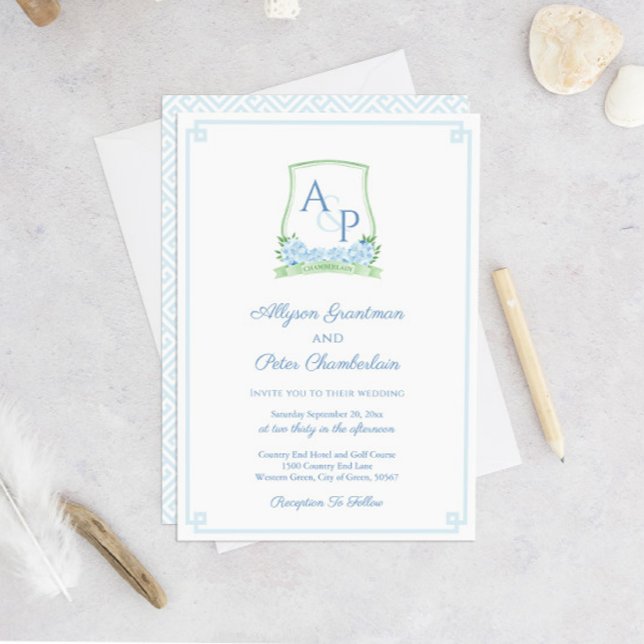Convites Casamento de eterno Azul Verde Crest Botânico (Sage Green Light Blue Watercolor Monogram Crest Wedding Invitation With Pale Blue Greek Key Backer)