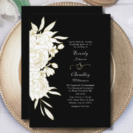 Convites Casamento de Eterno Floral Elegante Dourado Negro