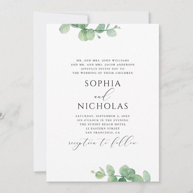 Convites Casamento de eucalipto aquarela. Folhagem verde (Frente)