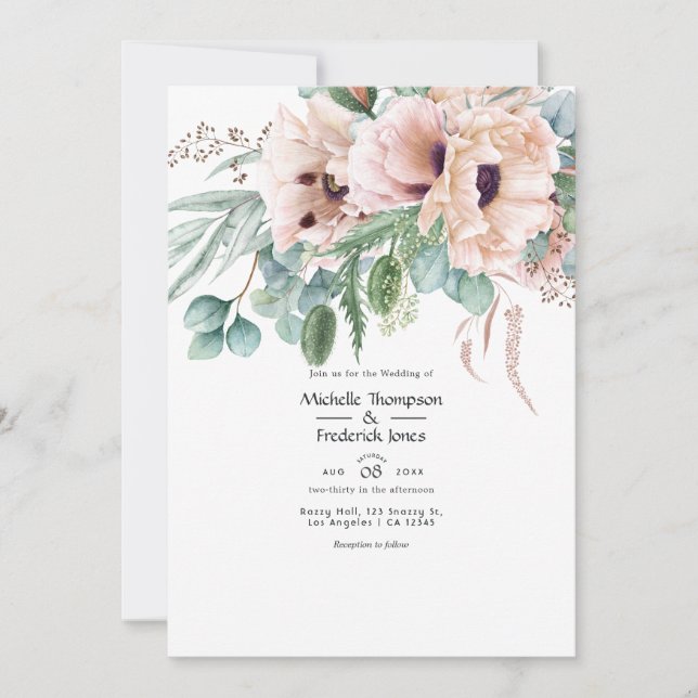 Convites Casamento de Eucalipto Boêmio com Papoula Rosa (Frente)