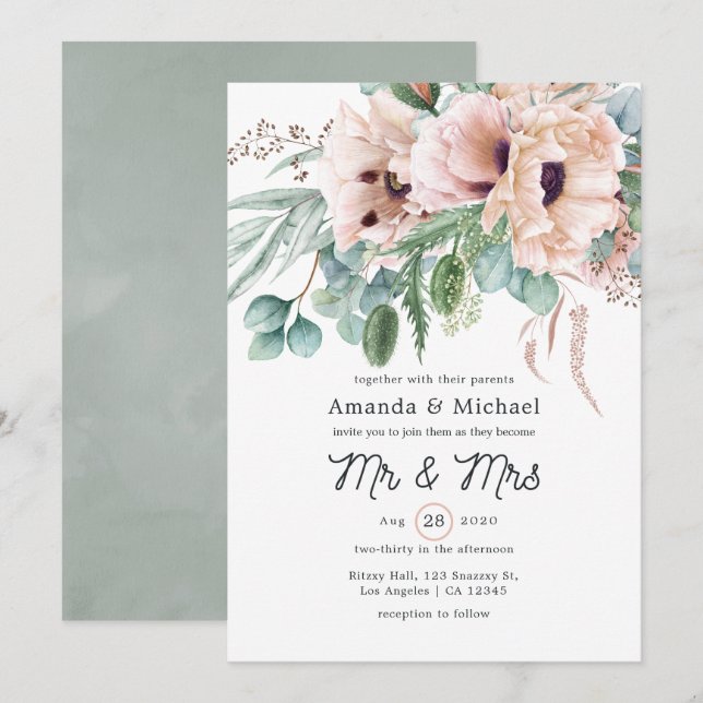 Convites Casamento de Eucalipto Boêmio Rosa Papoula (Frente/Verso)