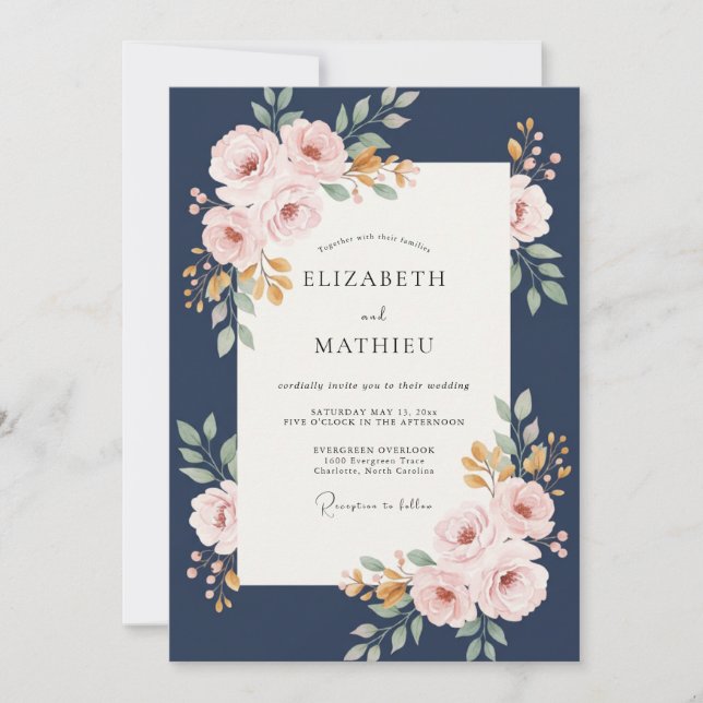 Convites Casamento de Eucalipto Bouquet Dourado Marinho (Frente)