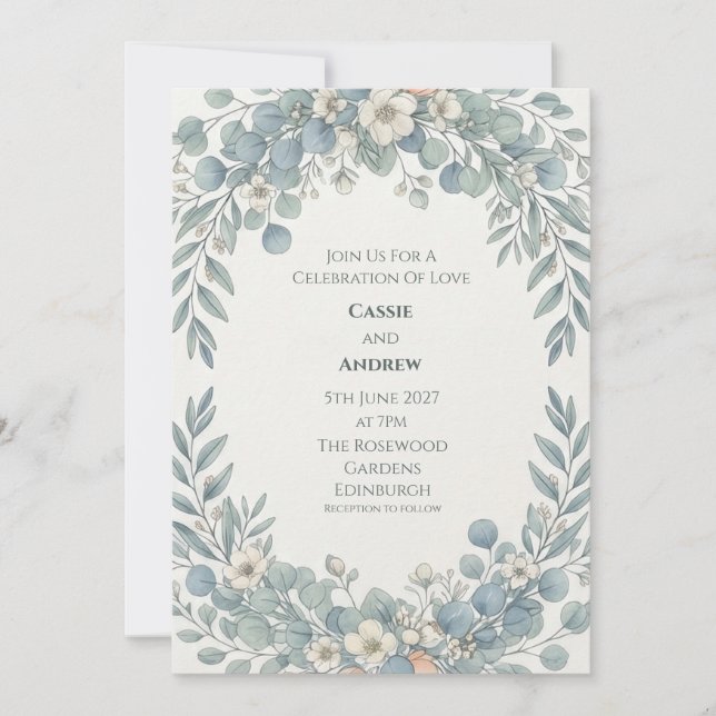 Convites Casamento de Eucalipto Branco em Azul Desbotado (Frente)