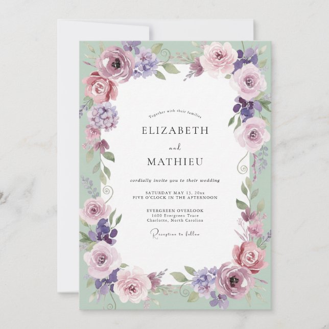Convites Casamento de Eucalipto Cinza Folhagem Amethyst Min (Frente)
