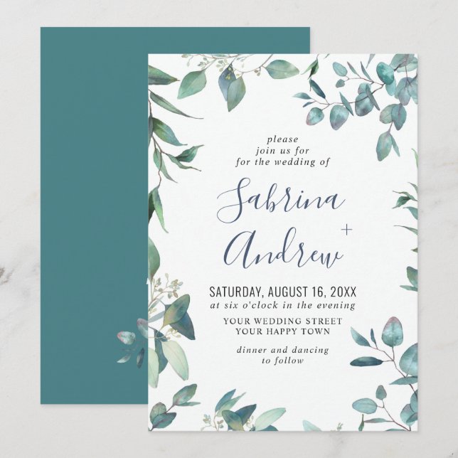 Convites Casamento de Eucalipto com Aquarela Elegante (Frente/Verso)