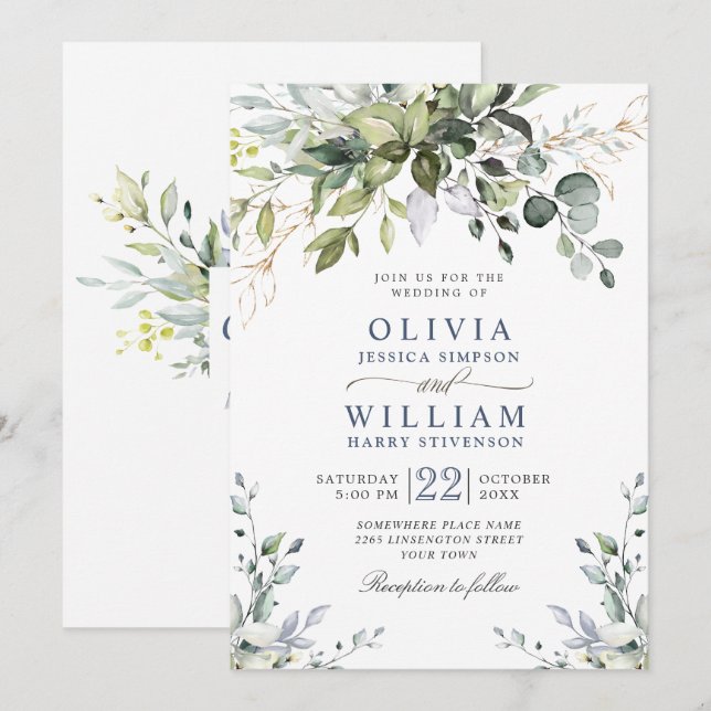Convites Casamento de Eucalipto com Aquarela Elegante (Frente/Verso)