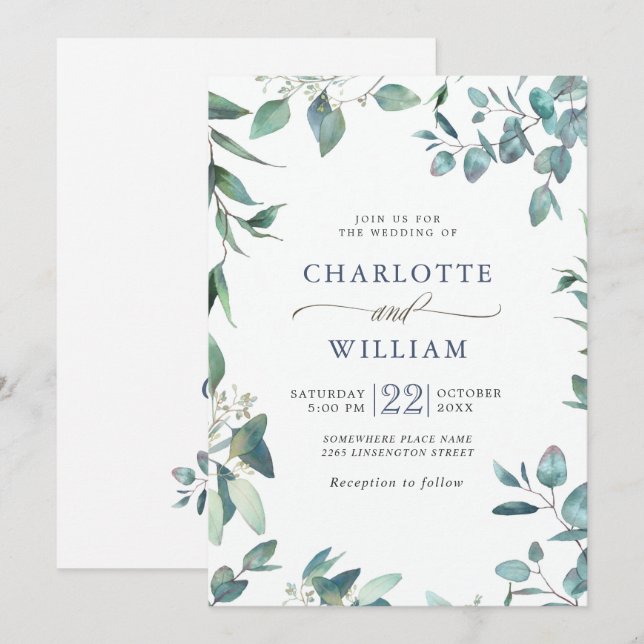 Convites Casamento de Eucalipto com Aquarela Elegante (Frente/Verso)