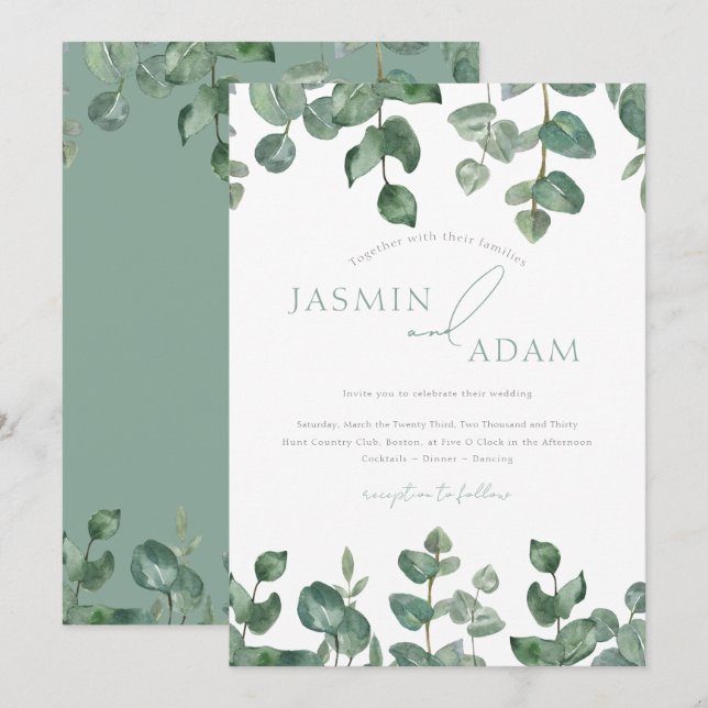 Convites Casamento de Eucalipto com Aquarela em Verde Sálvi (Frente/Verso)