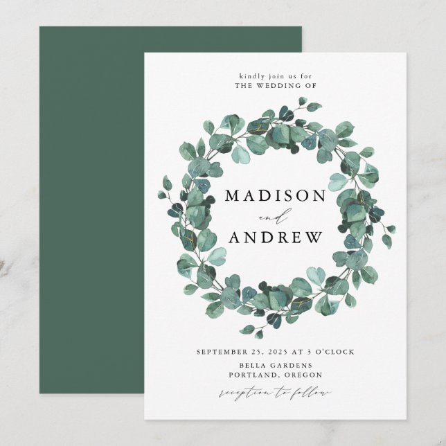 Convites Casamento de Eucalipto com Aquarela Moderna (Frente/Verso)