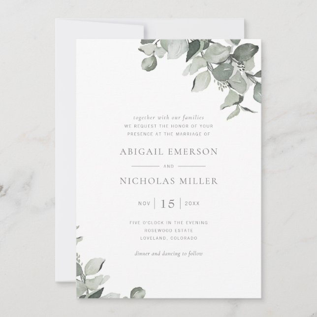 Convites Casamento de Eucalipto com Aquarela Simples e Eleg (Frente)