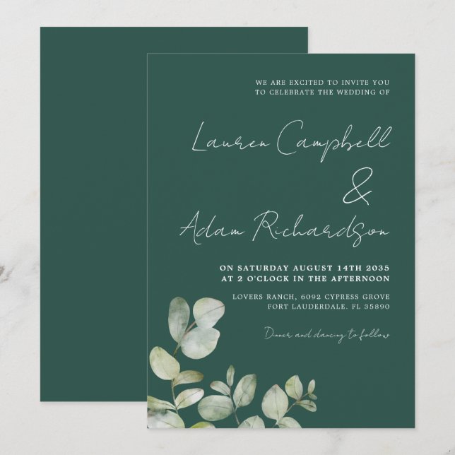 Convites Casamento de Eucalipto com Aquarela Verde Escuro M (Frente/Verso)