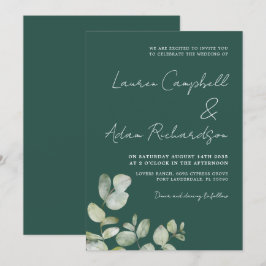 Convites Casamento de Eucalipto com Aquarela Verde Escuro M