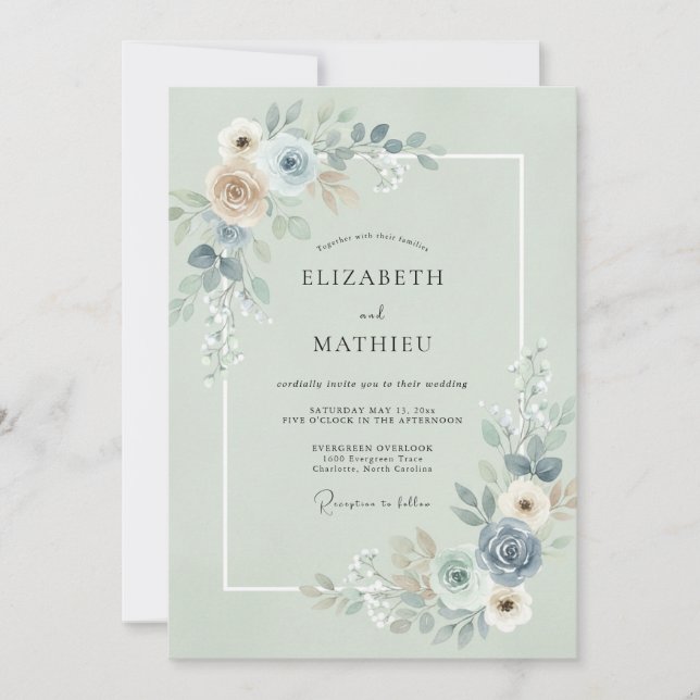 Convites Casamento de Eucalipto com Ardósia e Espuma do Mar (Frente)