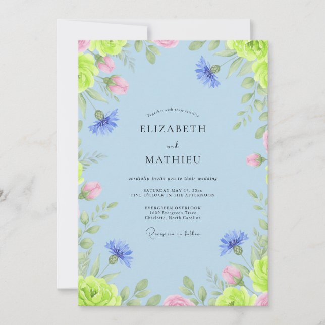 Convites Casamento de Eucalipto com Centáurea Rosa e Azul-P (Frente)