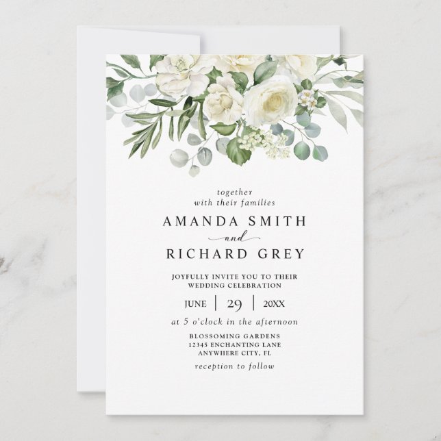 Convites Casamento de Eucalipto com Floral de Marfim Elegan (Frente)