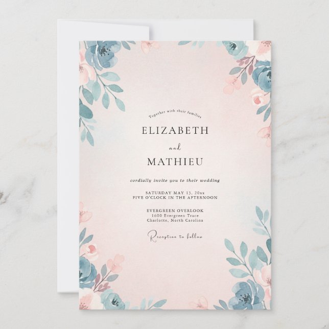 Convites Casamento de Eucalipto com Folhagem Aço Rosa (Frente)