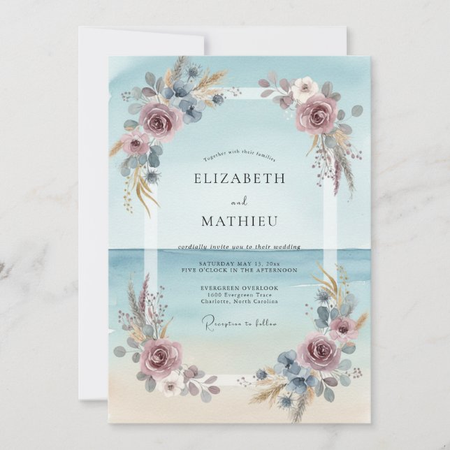 Convites Casamento de Eucalipto com Folhagem Aquamarinha e  (Frente)