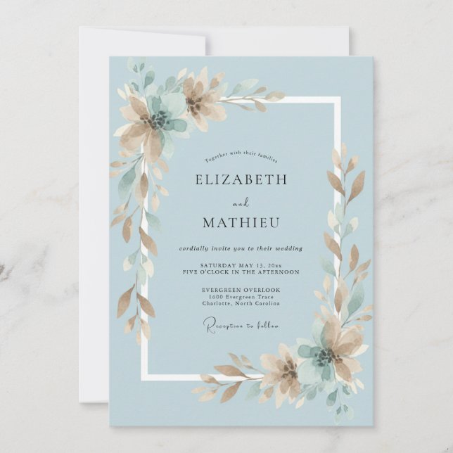 Convites Casamento de Eucalipto com Folhagem Azul Céu e Cha (Frente)