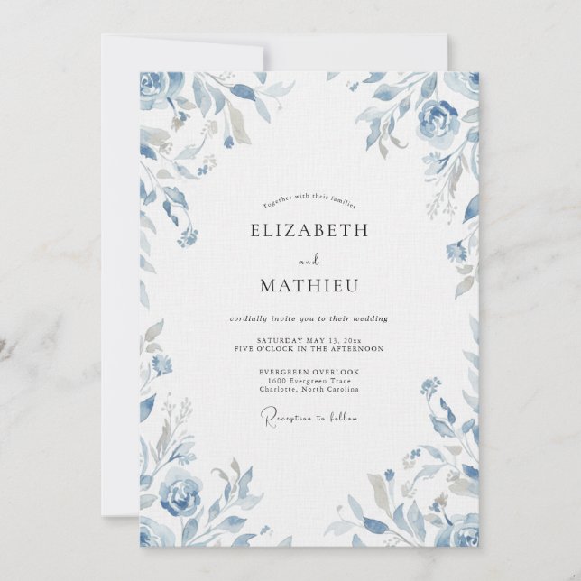 Convites Casamento de Eucalipto com Folhagem Azul-Pervinca (Frente)