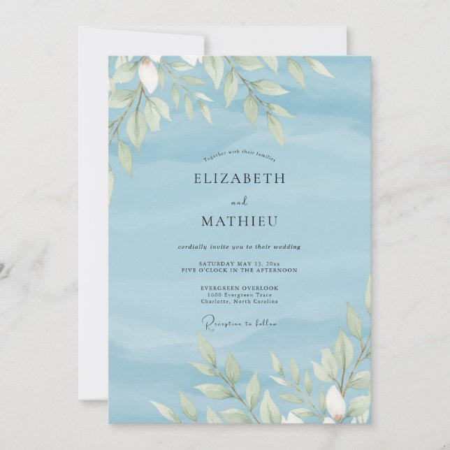 Convites Casamento de Eucalipto com Folhagem Azul Pó (Frente)