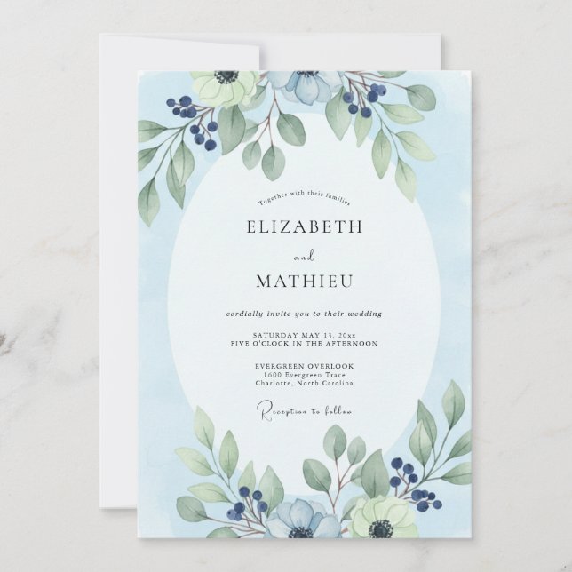 Convites Casamento de Eucalipto com Folhagem Azul Pó (Frente)