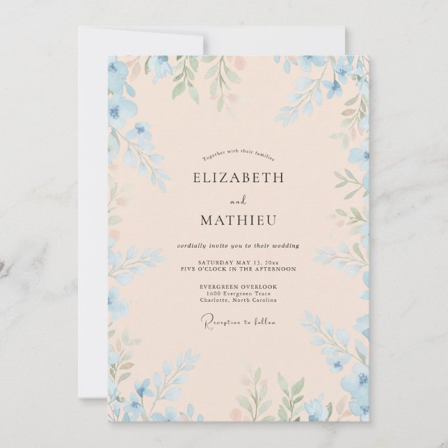 Convites Casamento de Eucalipto com Folhagem Azul Rosa (Frente)