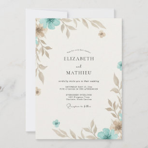 Convites Casamento de Eucalipto com Folhagem Bege e Azul Tu