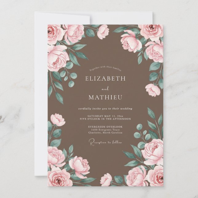 Convites Casamento de Eucalipto com Folhagem Bege Rosada (Frente)