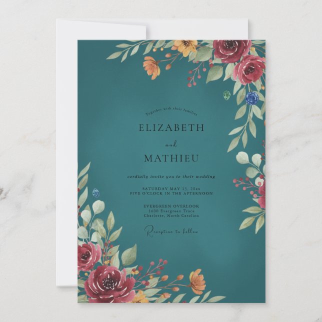 Convites Casamento de Eucalipto com Folhagem Burgundy Teal (Frente)