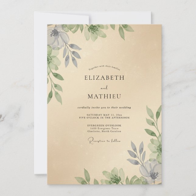 Convites Casamento de Eucalipto com Folhagem Champagne (Frente)