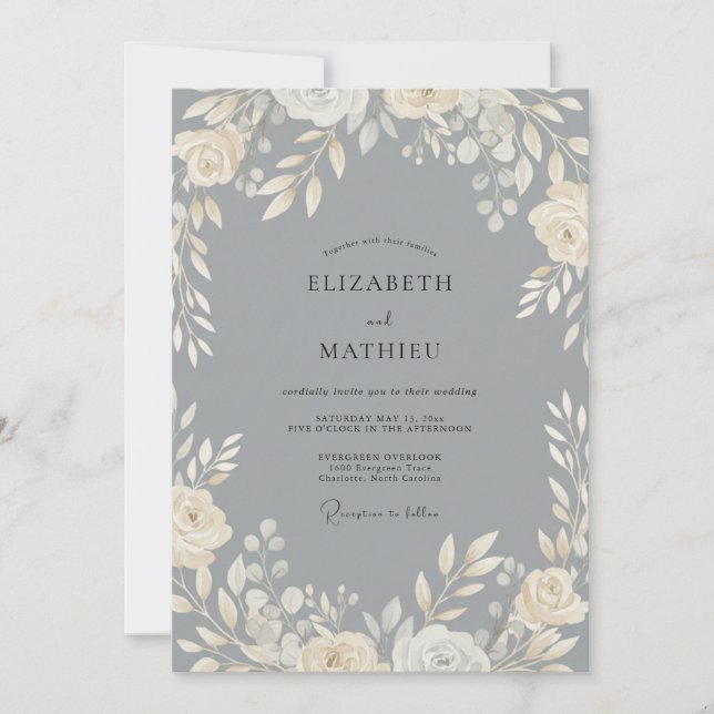 Convites Casamento de Eucalipto com Folhagem Creme Ardósia (Frente)