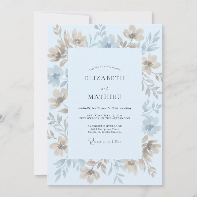 Convites Casamento de Eucalipto com Folhagem Creme Azul (Frente)