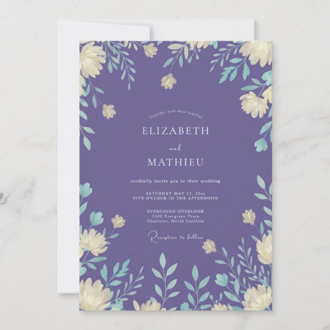 Convites Casamento de Eucalipto com Folhagem Creme e Violet (Frente)