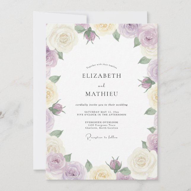 Convites Casamento de Eucalipto com Folhagem Creme Lilás (Frente)