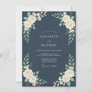 Convites Casamento de Eucalipto com Folhagem Creme Marinho