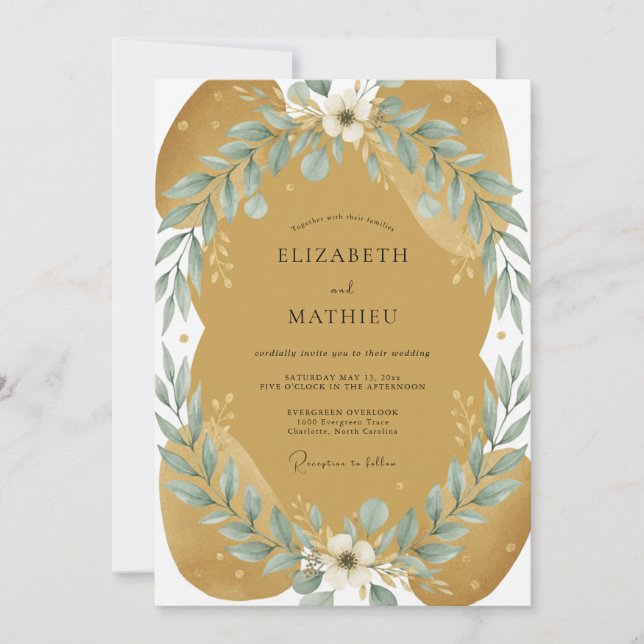 Convites Casamento de Eucalipto com Folhagem de Aço Âmbar (Frente)