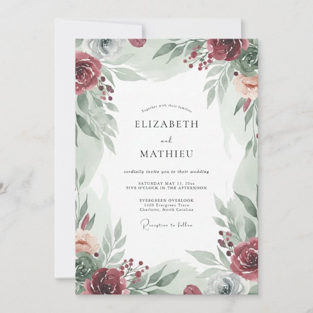 Convites Casamento de Eucalipto com Folhagem de Borgonha (Frente)