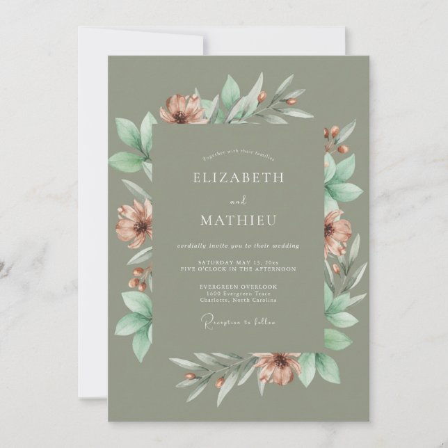 Convites Casamento de Eucalipto com Folhagem de Cobre Taupe (Frente)