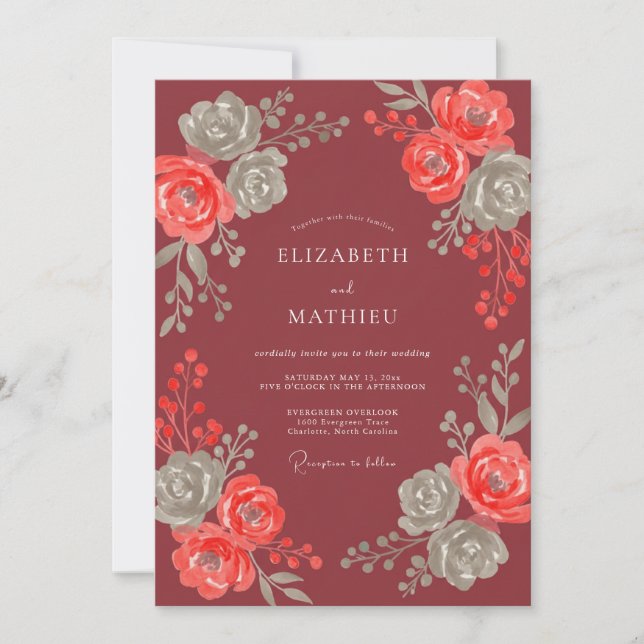 Convites Casamento de Eucalipto com Folhagem de Coral Marro (Frente)