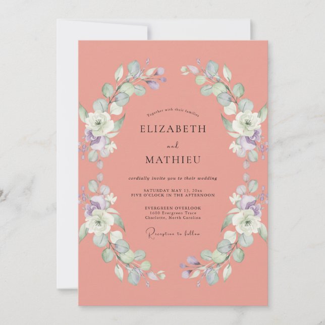 Convites Casamento de Eucalipto com Folhagem de Coral Suave (Frente)