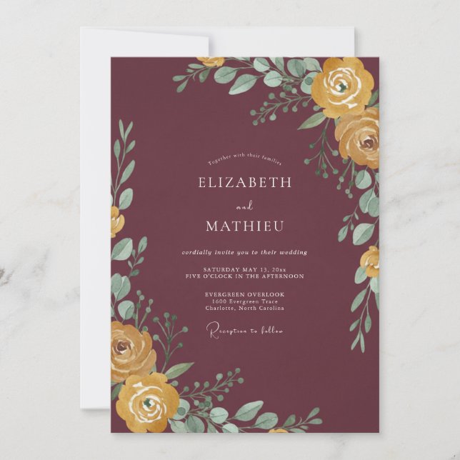 Convites Casamento de Eucalipto com Folhagem de Ocre Borgon (Frente)