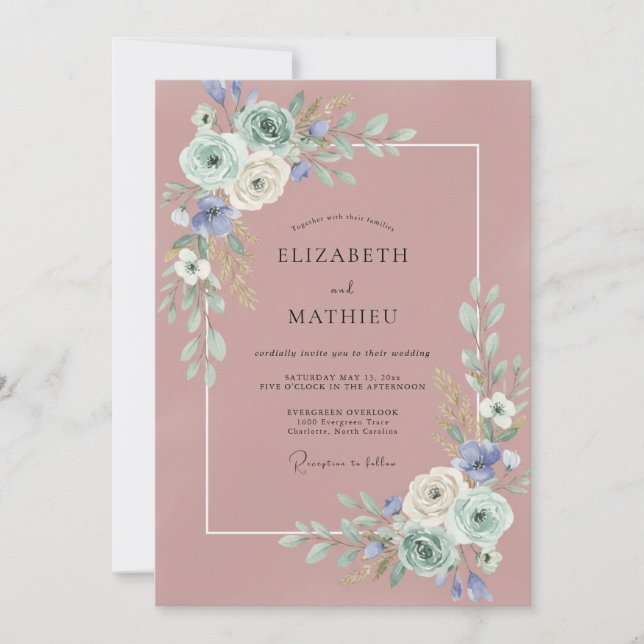 Convites Casamento de Eucalipto com Folhagem de Periwinkle  (Frente)