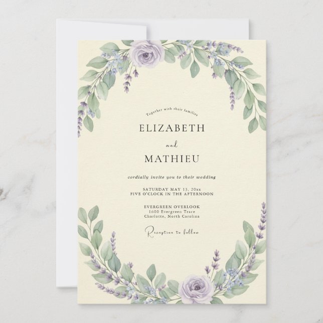Convites Casamento de Eucalipto com Folhagem de Salvia Lilá (Frente)