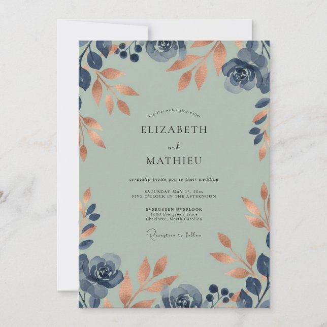 Convites Casamento de Eucalipto com Folhagem de Teal Cobre (Frente)