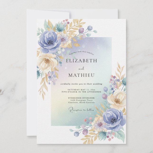 Convites Casamento de Eucalipto com Folhagem Dourada e Peri (Frente)