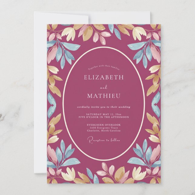 Convites Casamento de Eucalipto com Folhagem Dourada Magent (Frente)