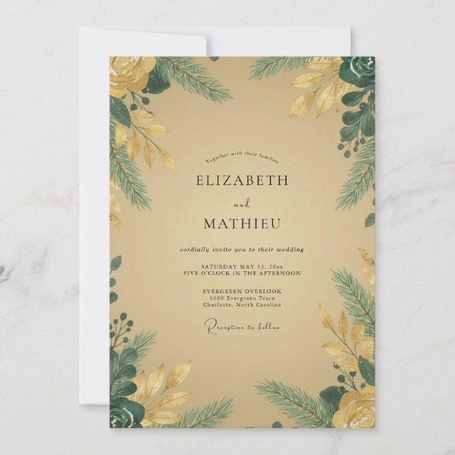 Convites Casamento de Eucalipto com Folhagem Dourada Mostar (Frente)